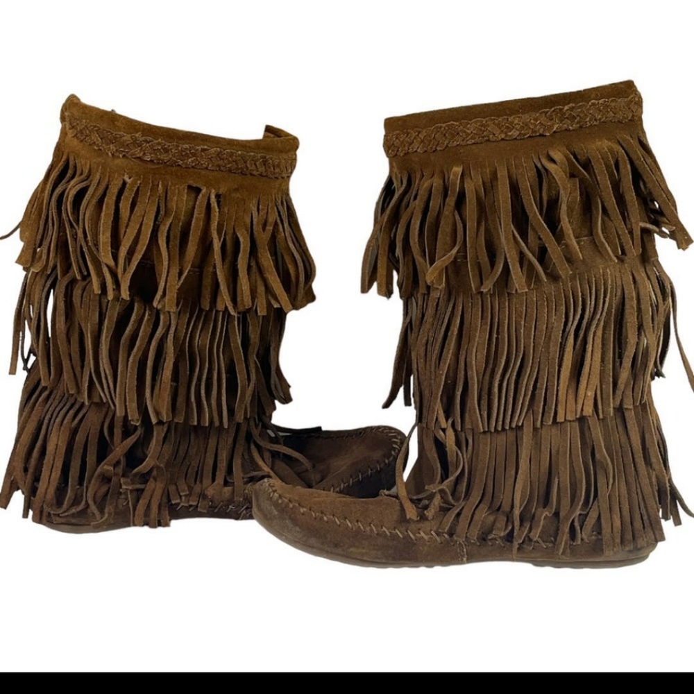 Minnetonka 3 layer Fringe Brown Leather Boots Womens 8.5